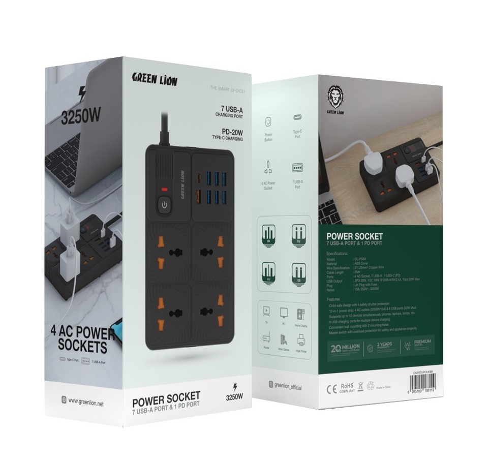 1_چندراهی برق گرین لاین Power Socket 7 USB-A & 1 PD