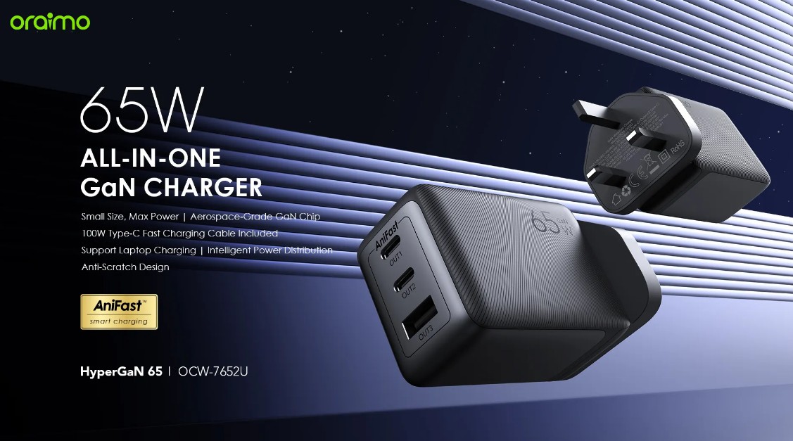 1_شارژر دیواری 65وات اورایمو HyperGan 65 OCW-7652U با کابل تایپ سی